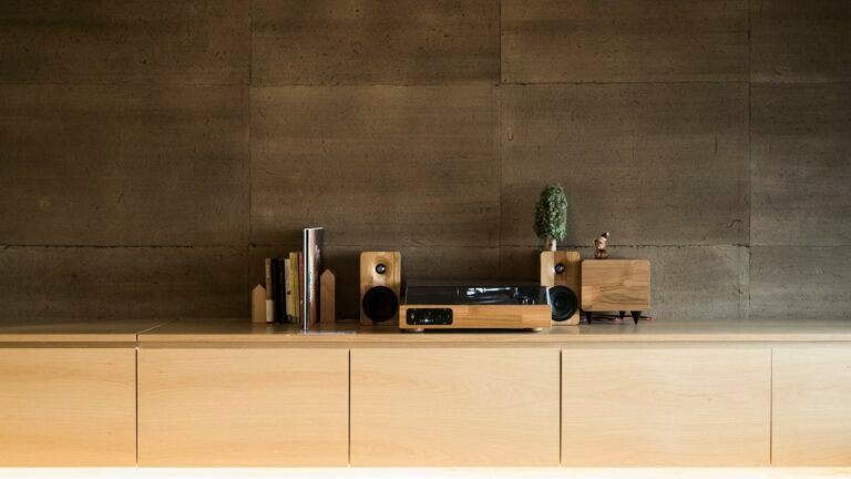 Enceinte bibliothèque posée sur une étagère en bois